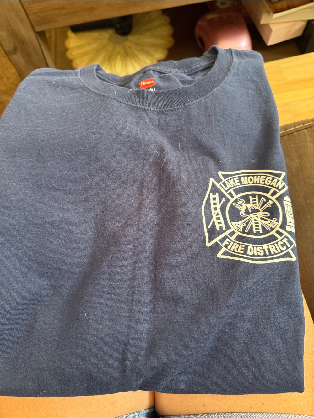 Hanes Navy Short-Sleeve Tee with Lake Mohegan Fire District Logo.
